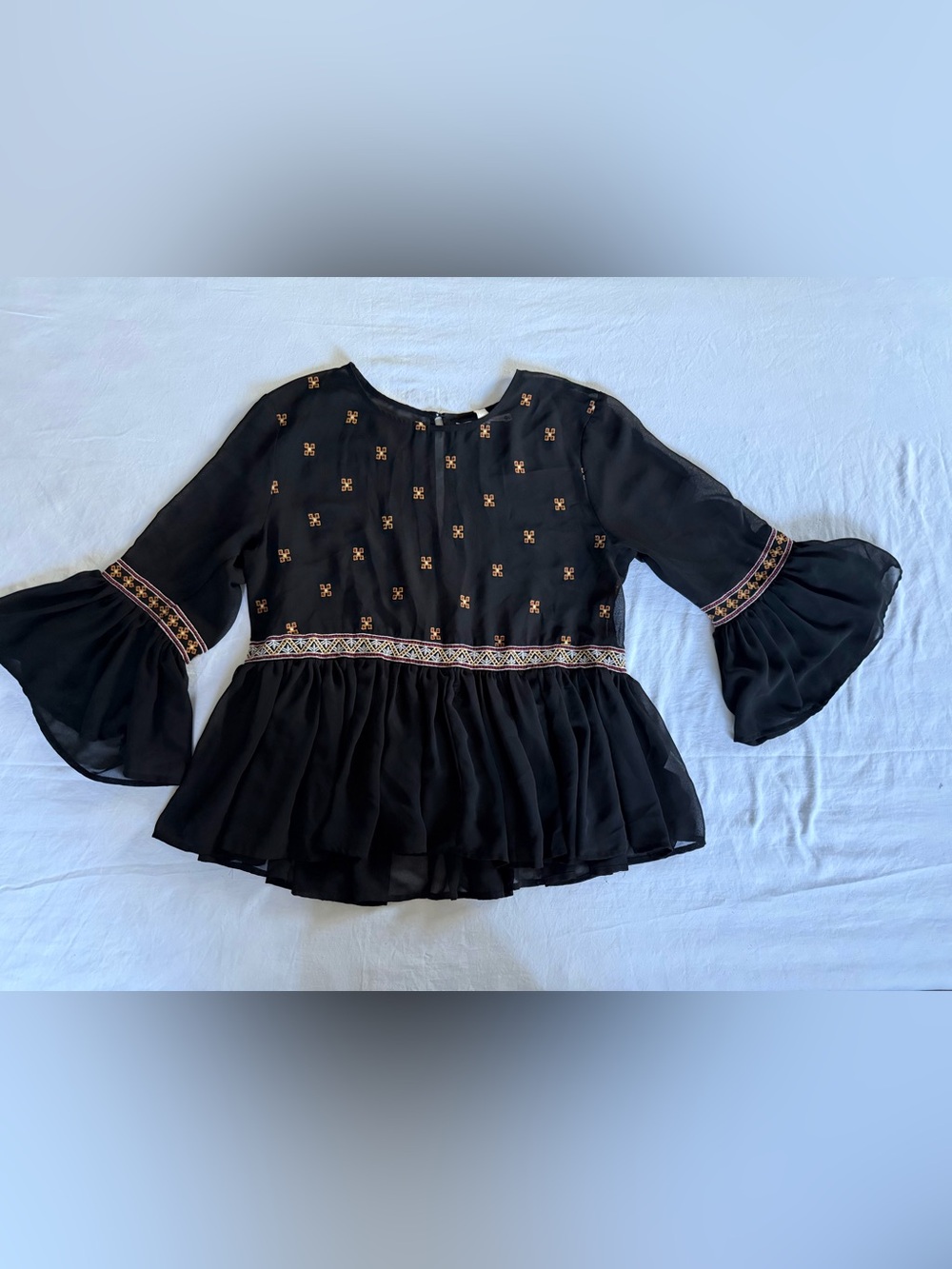 Chelsea & Violet Black Embroidered Peplum Bell-Sleeve Top made in India